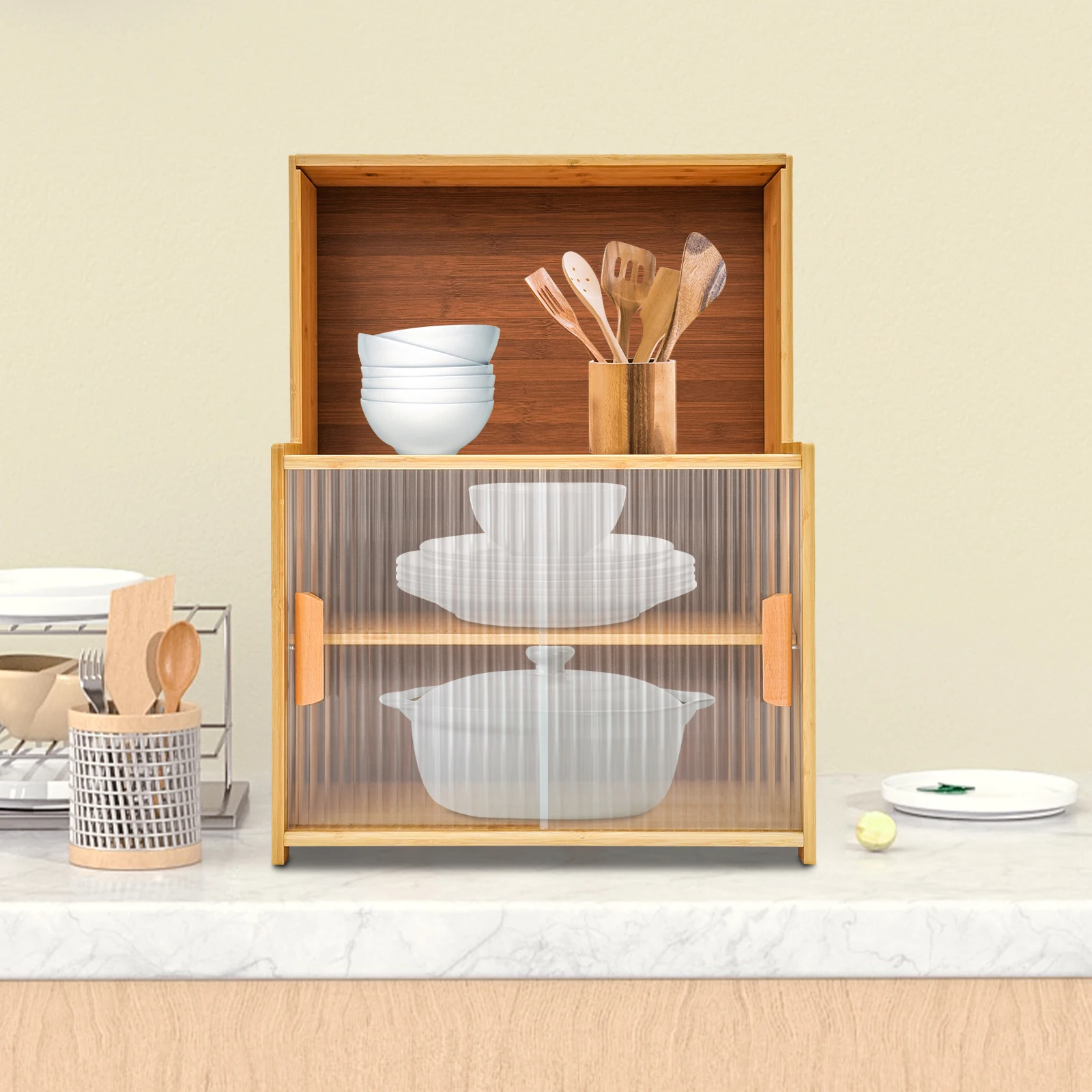 

Storage Cabinet， Cabinet Organizer 45cm with Adjustable Shelf， Bamboo MDF Sliding Door Kitchen Pantry Organizer， Heavy Duty 22.05lbs Capacity Dustproof for Countertop