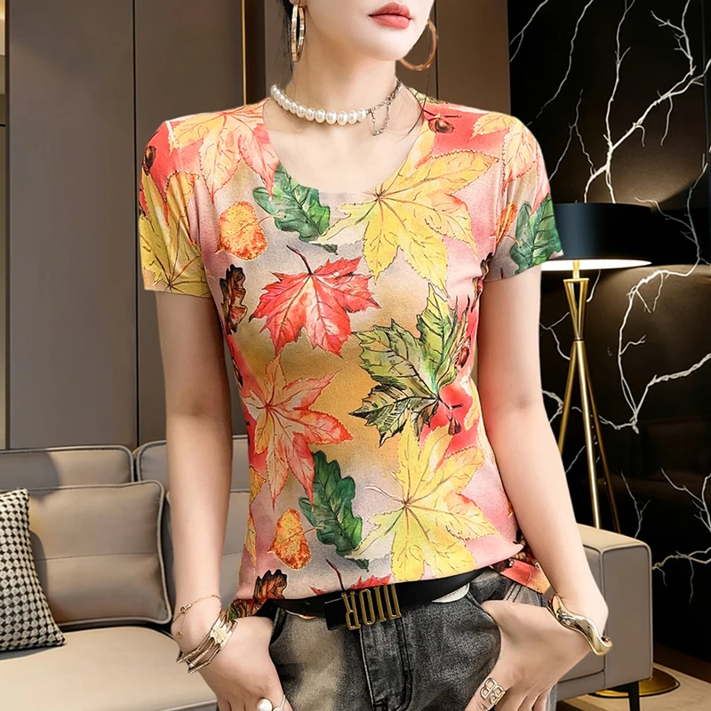 MadBlack-Women European T-Shirt, Sexy O Neck Maple Leaf Print, Workwear Short Sleeve Slim S-3XL Thin Tee, 2026 Summer T66476CC