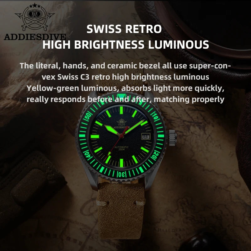 Addiesdive 2023 ساعة ميكانيكية للرجال NH35A 316L الفولاذ المقاوم للصدأ الياقوت الزجاج سوبر مضيئة 20Bar ساعات مقاومة للماء للرجال