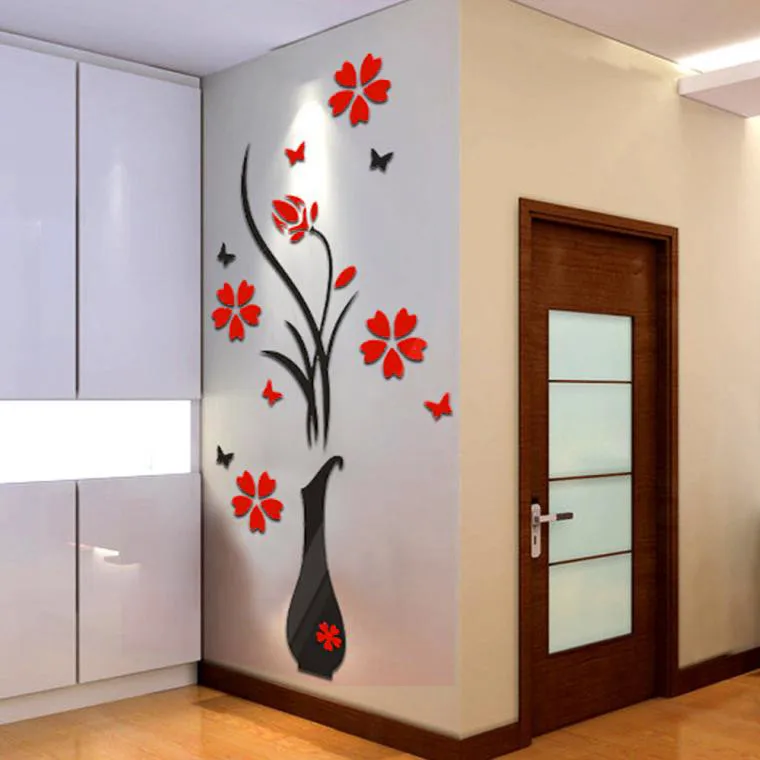 DIY Vase Flower Wall Sticker Acrylic 3D Cute Combination Mirror Effect Wall Sticker Decal Home Decor Flowers Wall Sticker Decal