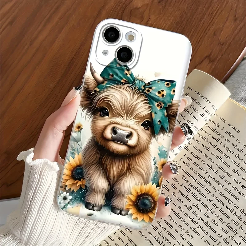 Чехол для телефона Highland Cow Sunflower, защита от падения с защитой объектива для iPhone 11/12/13/14/15/16 17Pro Max/Plus