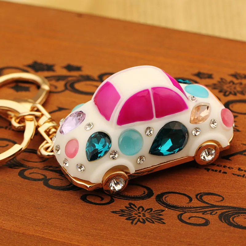 Fashion Rhinestone Jelly Color Beetle Car Model Keychain Female Korean Creative Pendant Metal Key Ring Business Gift Wholesale