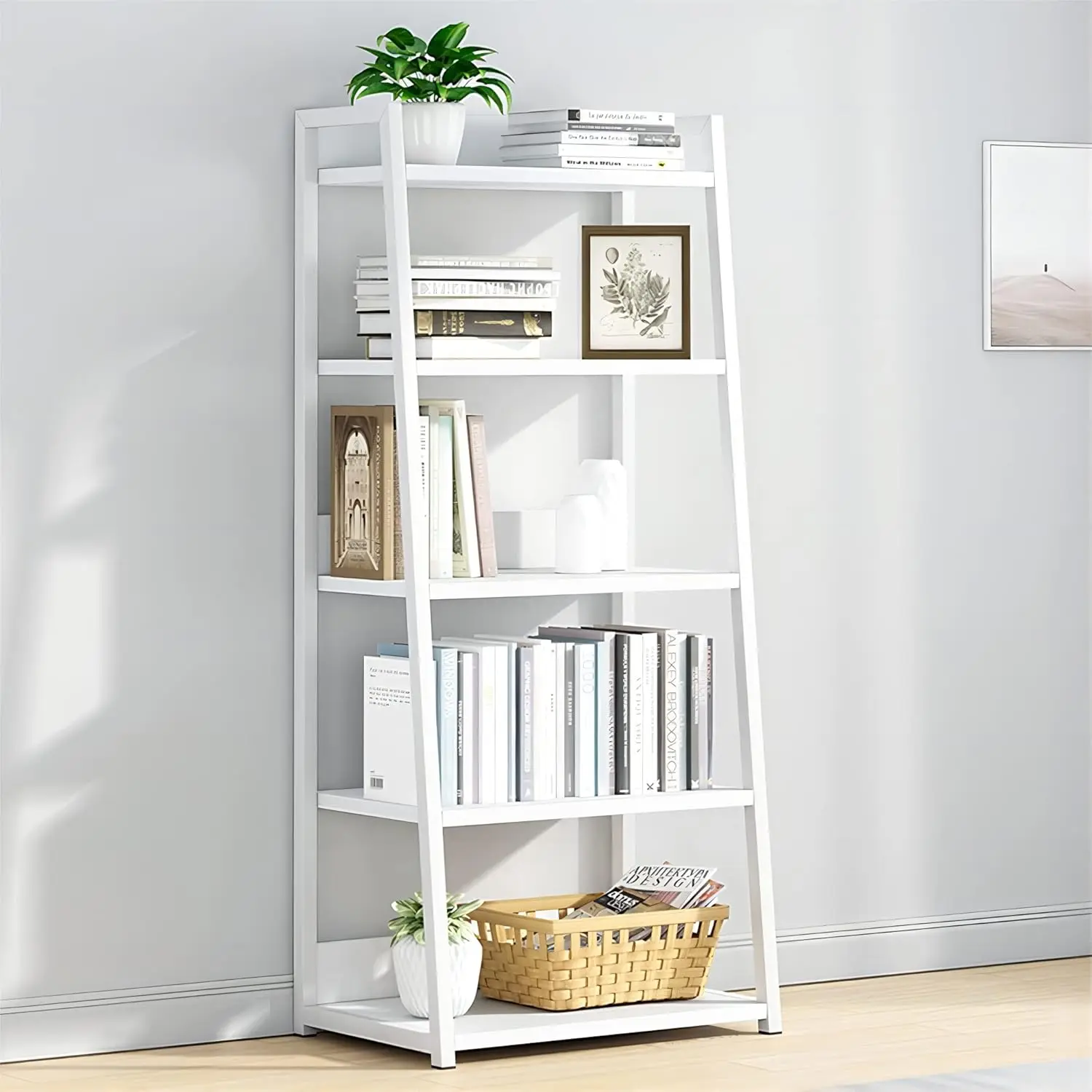 

IOTXY 5 Tier Open Bookshelf - Steel and Wood Display Stand, 50CM Width Floor-Standing Bookcase, White