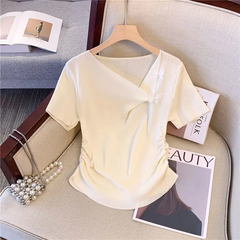 

Irregular diagonal collar short-sleeved T-shirt female 2024 summer new niche waist slim design three-dimensional butterfly top