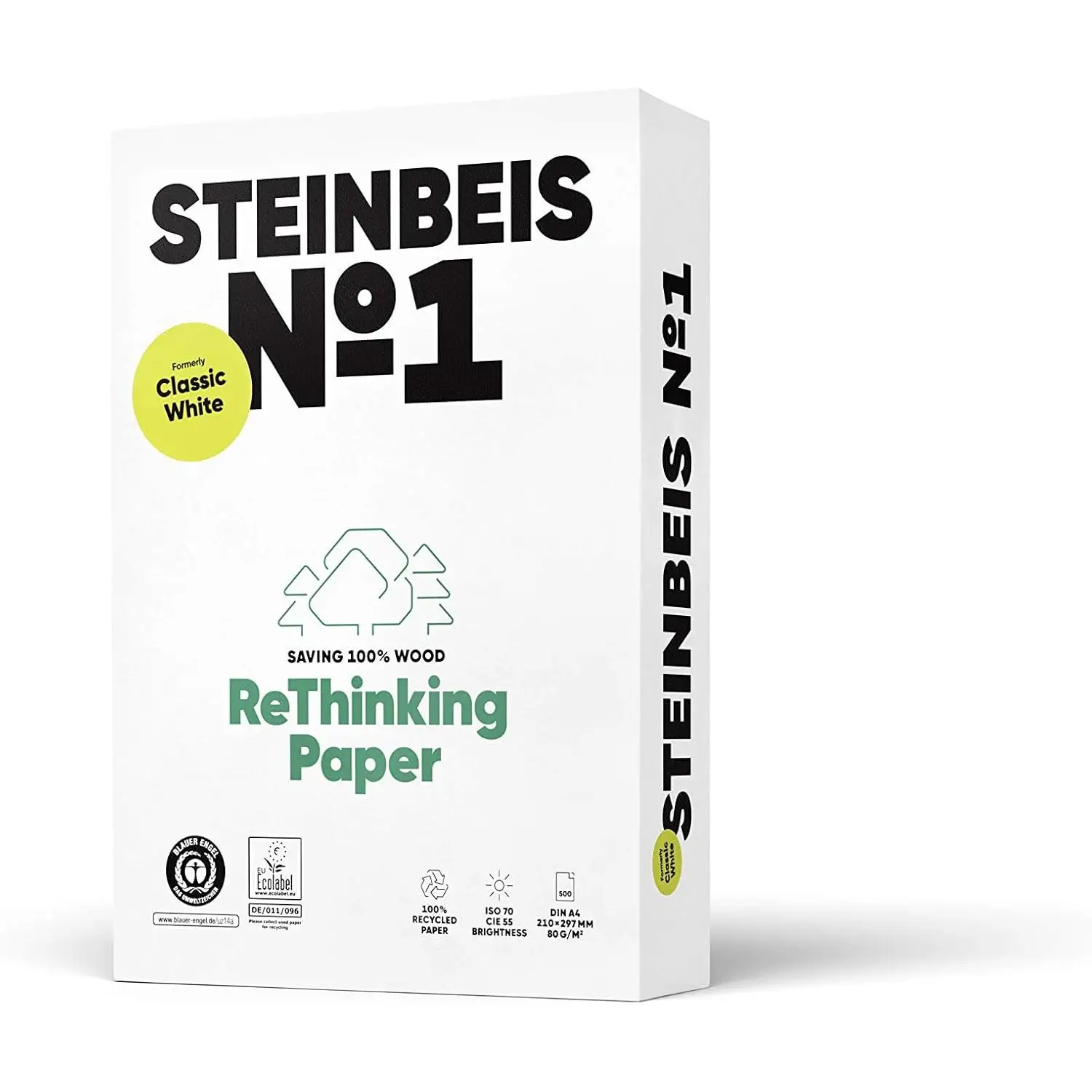 STEINBEIS N1, Papel 100% reciclado, A4, 80 g/m2, paquete 500 hojas Papel reciclado 100% fabricado a partir de 100% papel recuperado. 100% Resistente al evejecimiento y 99,98% libre de atascos. CALIDAD