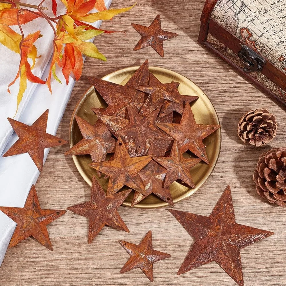 30 قطعة 3 أحجام الصدأ المعادن الحظيرة ستار 2 "2.5" 3.75 "عتيقة البدائية العتيقة البلد ديكور القصدير الصلب نجوم مع ثقوب ريفي #6