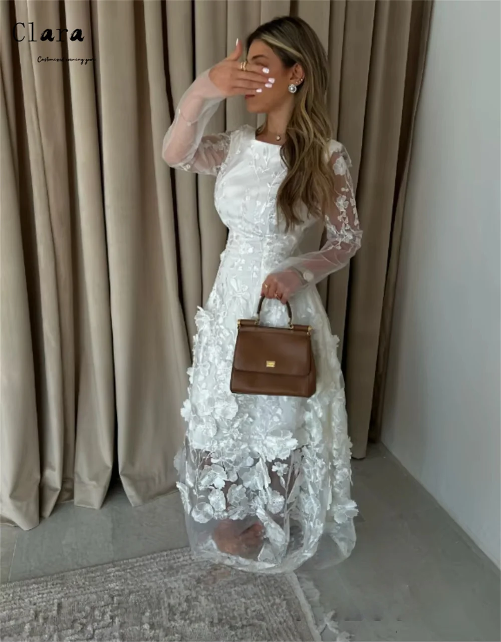 Clara Custom Weiße Blume Hohl Lange Ärmel Abendkleider Frau Elegante Lange Party Kleider 2025, Frau Luxus Abendkleid