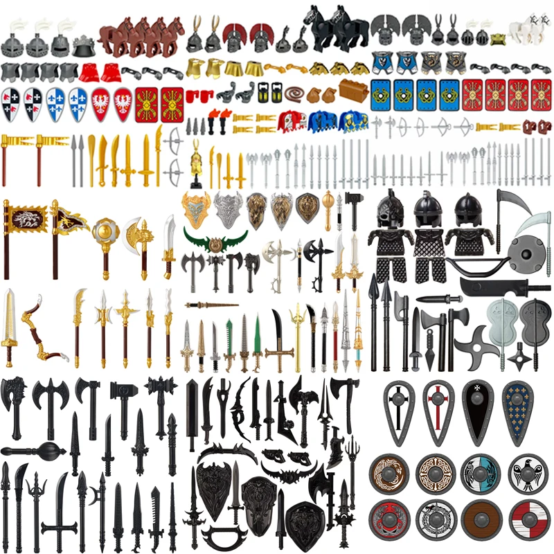 

Средневековая военная фигурка солдата, наборы аксессуаров для оружия, строительные блоки, крестоносца, рыцарь, доспехи, воин, щит, меч, флаг, кирпичная игрушка