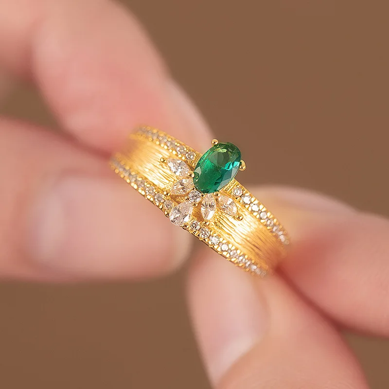 

S925 Silver Green Zircon Ring Vintage French Style Brushed Stacking Jewelry Adjustable Index Finger Ring for Women