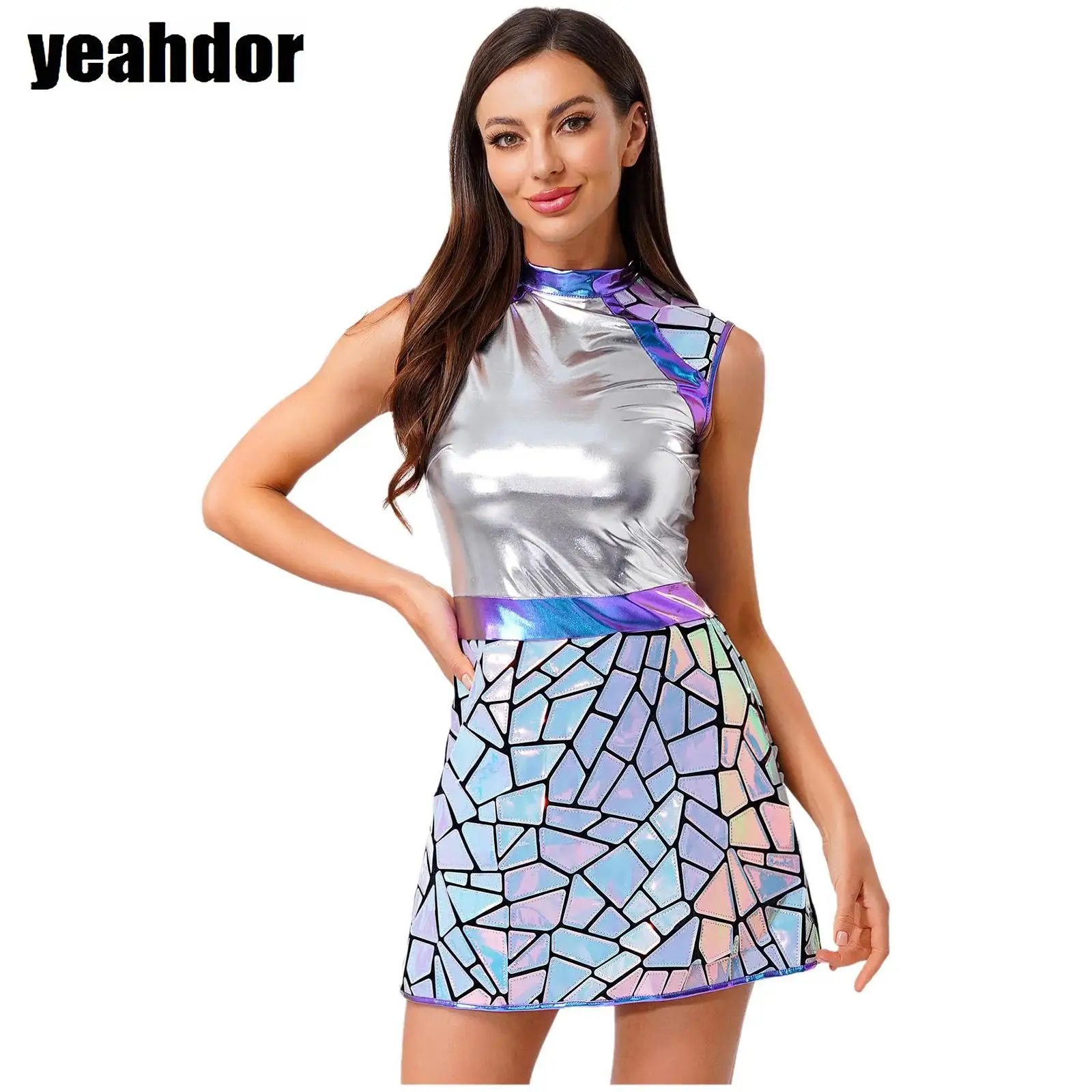

Women Alien Outerspace Halloween Female Astronaut Dress Gradient Sequin Metallic Shiny A-line Dress for Galaxy Traveler Cosplay