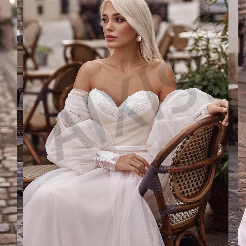 Wedding Dress Illusion Deep V Neck A-Line Full Sleeve Bride Vestido Lace Formal Pure Love Robe de mariee