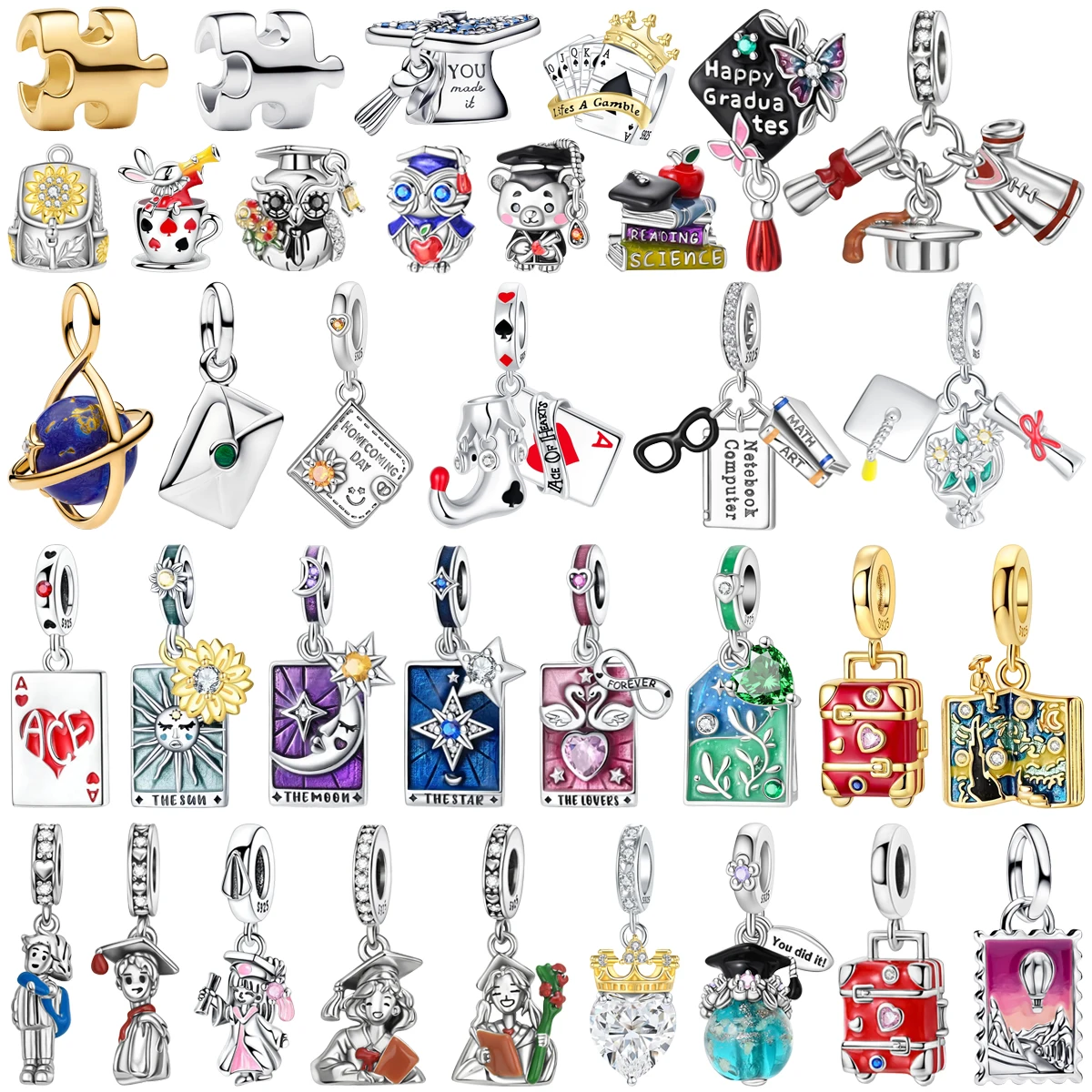 925 Sterling Silver Graduation Season Poker Suitcase Tarot Card Envelope Bead Pendant Bracelet Necklace Women's DIY Jewelry Gift