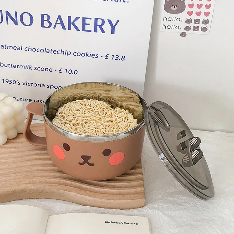 800/1200ml Kawaii Ramen Bowl With Chopsticks Spoon Cute Stainless Steel Instant Noodles Fruit Salad Soup Bowl Kitchen Tableware