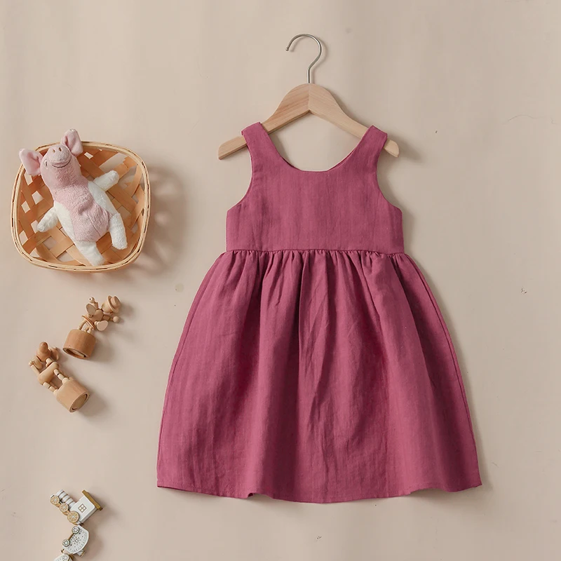 Summer Girl\'s Retro Linen Dress 2024 New Baby Girl V-Neck Sleeveless Casual Button Cotton And Linen Dresses Kids Clothes TZ018