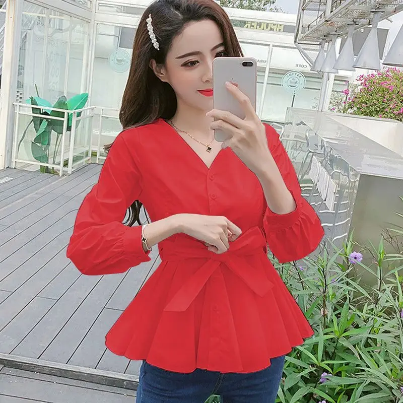 Spring Autumn New Button Lacing Blouse V Neck Long Sleeve Solid Color All-match Short Shirt Tops Elegant Fashion Women Clothing