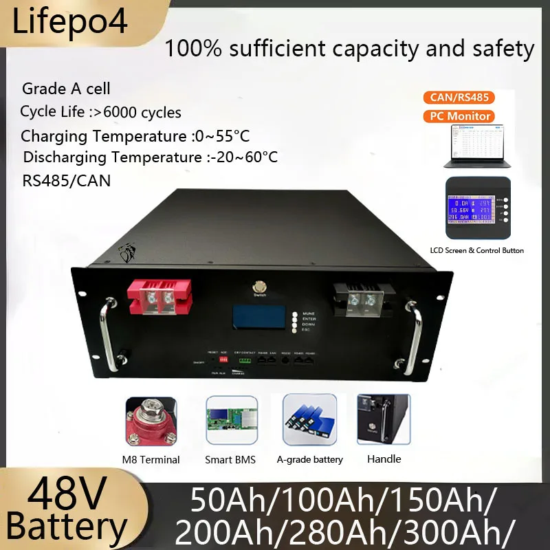 

48V 50Ah 100AH 150Ah 200Ah 280Ah 300Ah Lifepo4 Lithium Battery Bluetooth BMS For Solar System Hybrid Inverter 2000W 5000W 10KW