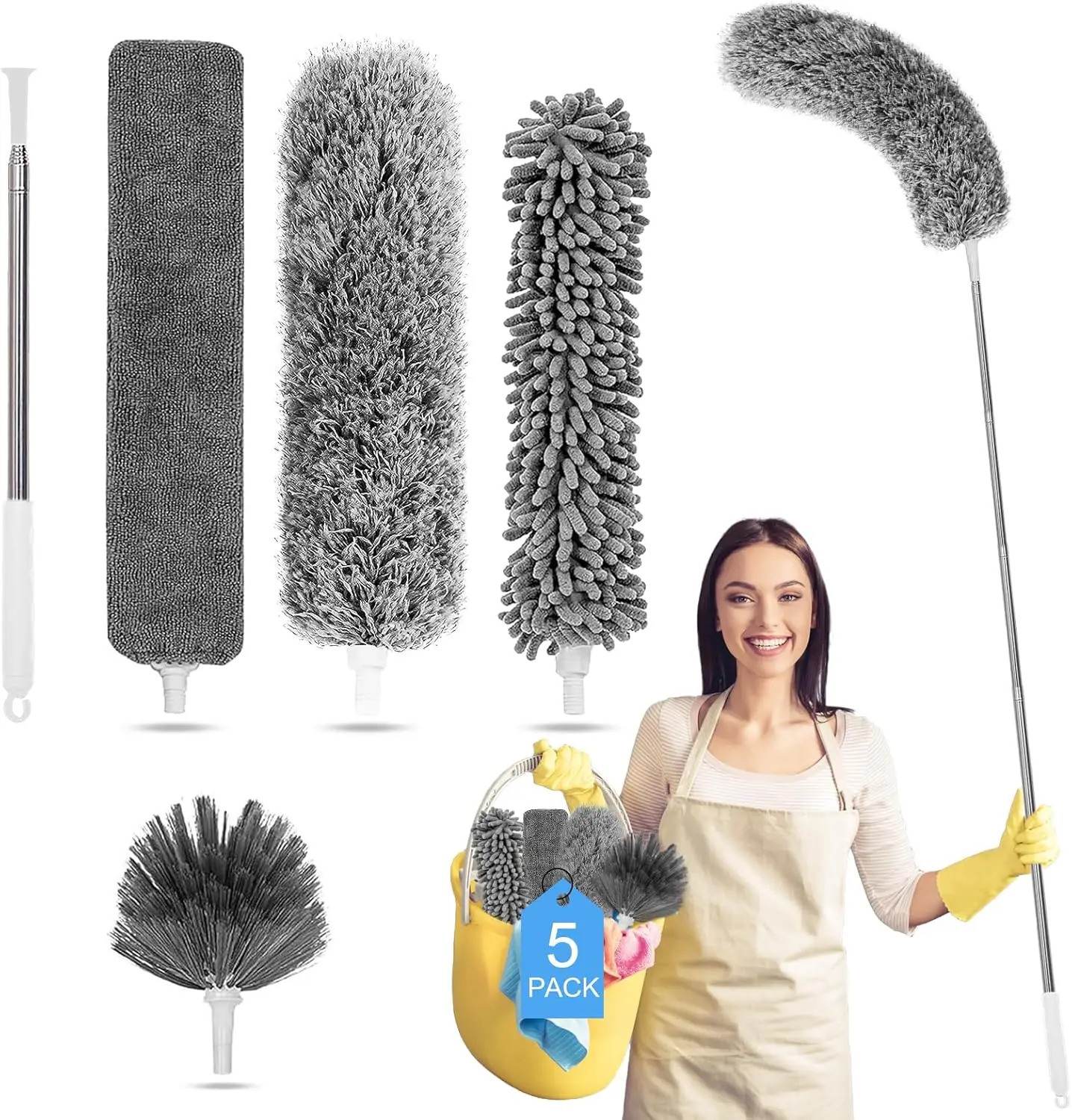 

Microfiber Feather Duster 5-in-1 Kit, Dusters for Cleaning, Duster with Extension Pole 100 Inches, Cobweb Duster, Microfiber Dus
