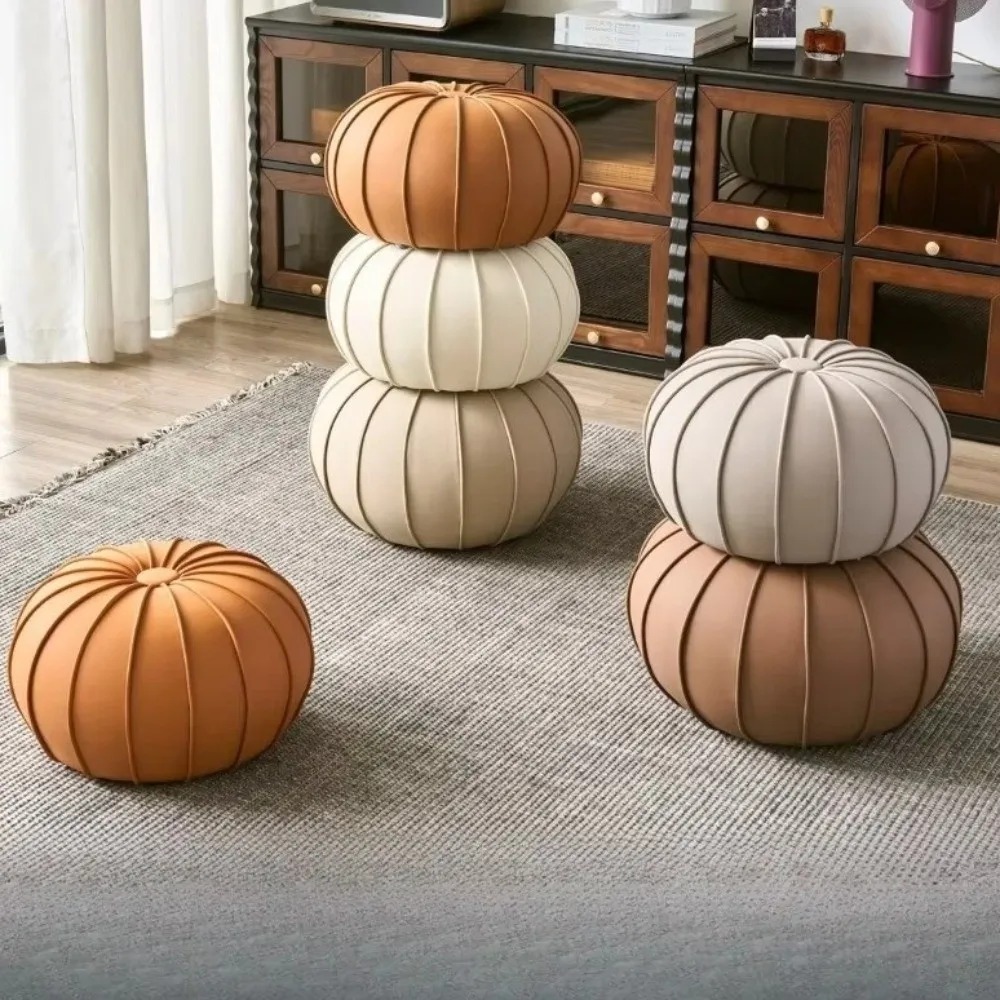 PU Leather Pouf Ottoman Cover Large Capacity Unstuffed Sofa Footstool Cover Round Minimalist Pumpkin Pouf Cover Living Room