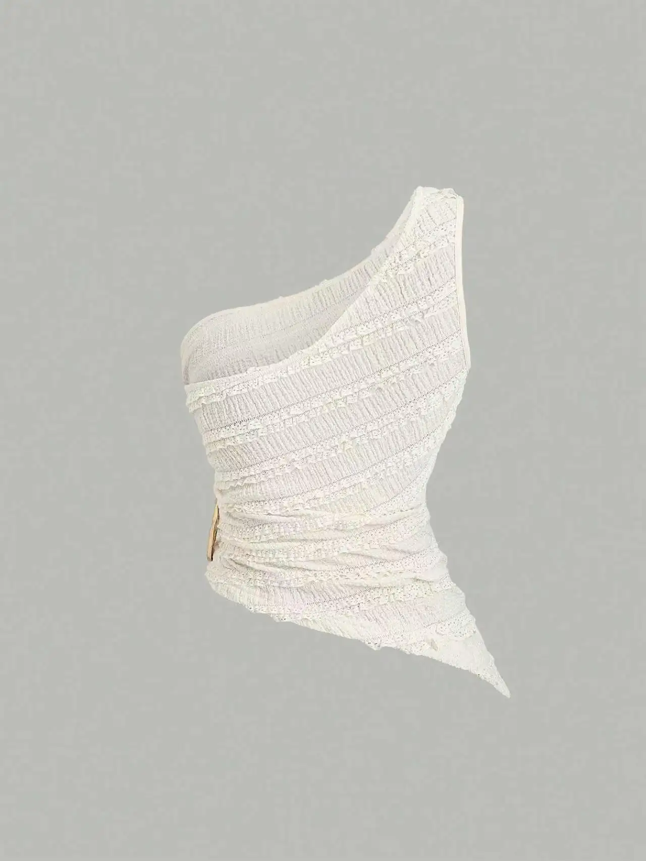 Women's Y2K-style White Lace Asymmetric One-Shoulder Camisole, Fitted with Side Metal Buckles and Gathering Ruching Detail, Deli