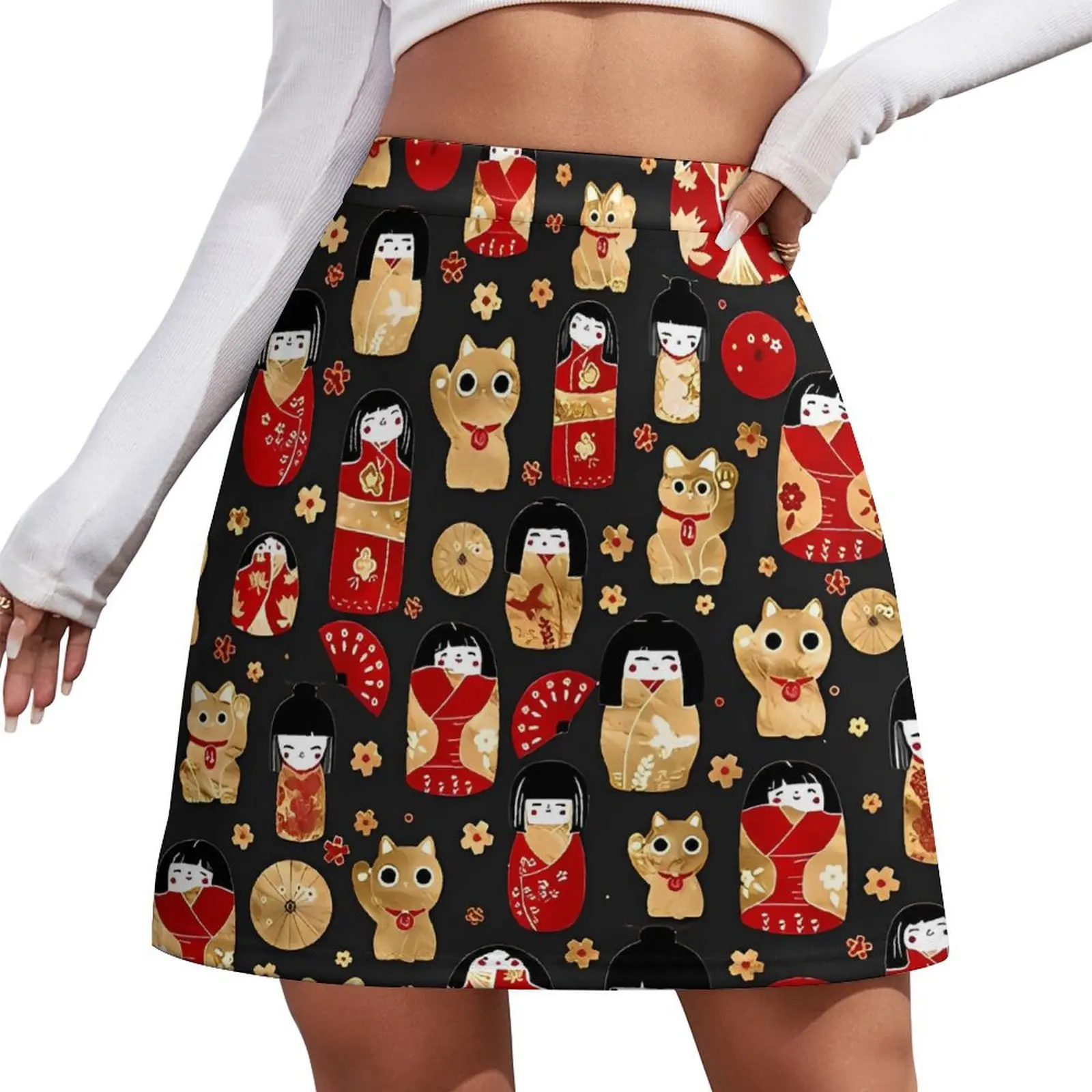 Kawaii Japanese Dolls Skirt Kokeshi and Maneki Neko Cats Fashion Casual Skirts Female Elegant Mini Skirt Printed Bottoms Gift