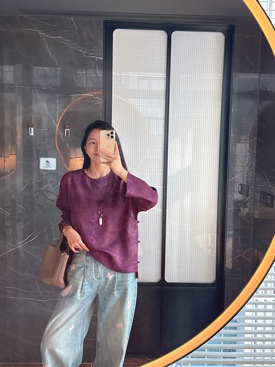 

Violet Violet Silk Cloud Shantung Evening Color Gradient White Enhancing Traditional Chinese Button down Shirt Loose Fit Long...