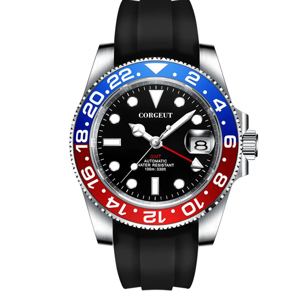 Imagem -04 - Corgeut-gmt Relógios Mecânicos para Homens Rubbertop Brand Nh34 Sapphire Glass Aço Inoxidável Impermeável Automático Esportes 40 mm