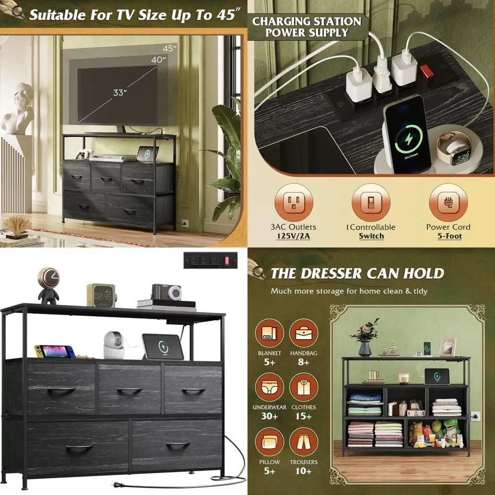 

Charcoal 5-Drawer Bedroom Dresser with Charging Station and Open Shelving Storage