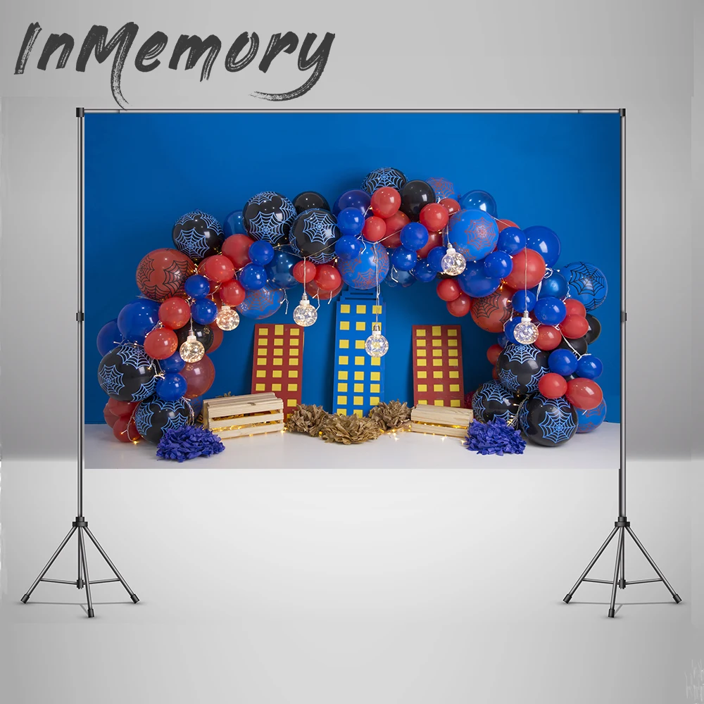 Blue theme City Building Cake Smash Backdrops Boy 1st Birthday Background Spider Balloons Photocall Photo Studio Vinyl