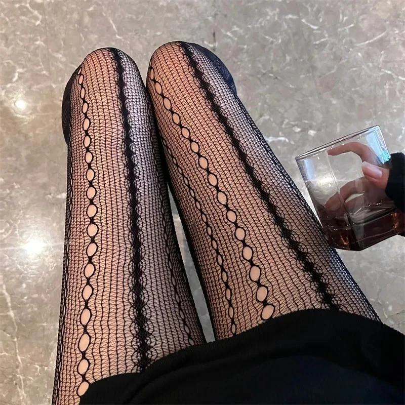 Women Chain Hollowed-out Tights Black Sexy See Through Jacquard American Retro Style Mesh Breathable Lace Fishnet Pantyhose girl