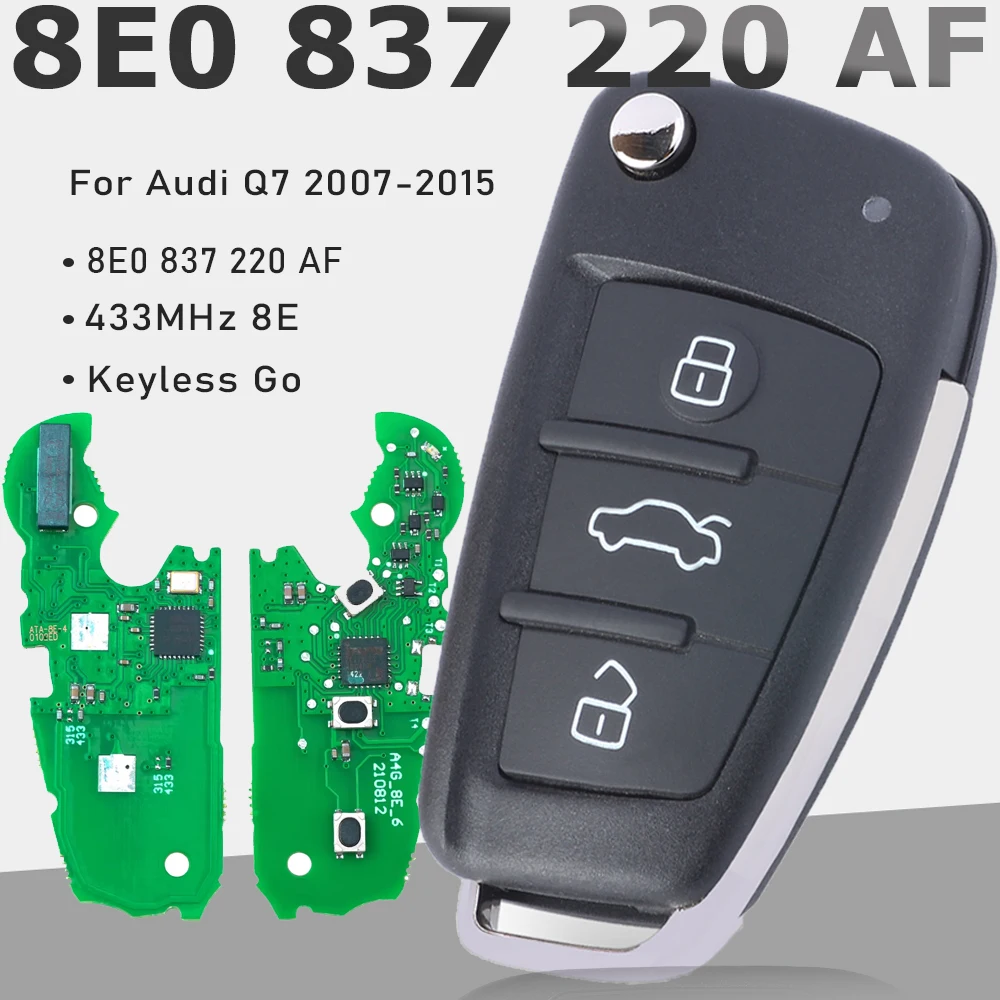 

KEYECU 8E0 837 220 AF, 8E0837220AF Брелок дистанционного управления без ключа 433 МГц 8E для Audi Q7 2007 2008 2009 2010 2011 2012 2013 2014 2015