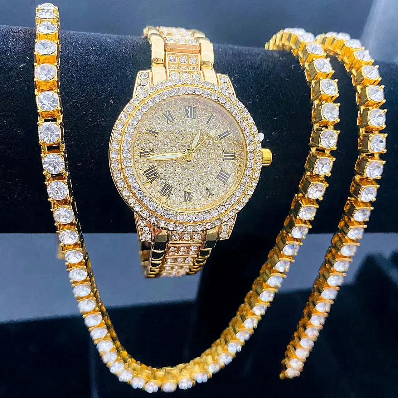 

Роскошные часы Iced Out из 3 предметов для женщин, теннисная цепочка, браслет, ожерелья, блестящий комплект ювелирных изделий, простые модные роскошные женские часы