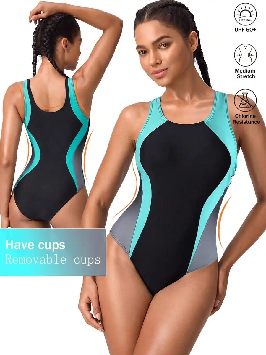 

Womens Geometric Colorblock One-Piece Swimsuit With Removable Cups