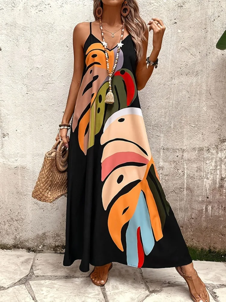 Lemongor المرأة بوهو مطبوعة السباغيتي حزام الخامس الرقبة ماكسي فساتين فضفاضة بلا أكمام عادية الخروج عطلة فستان طويل 2025 جديد