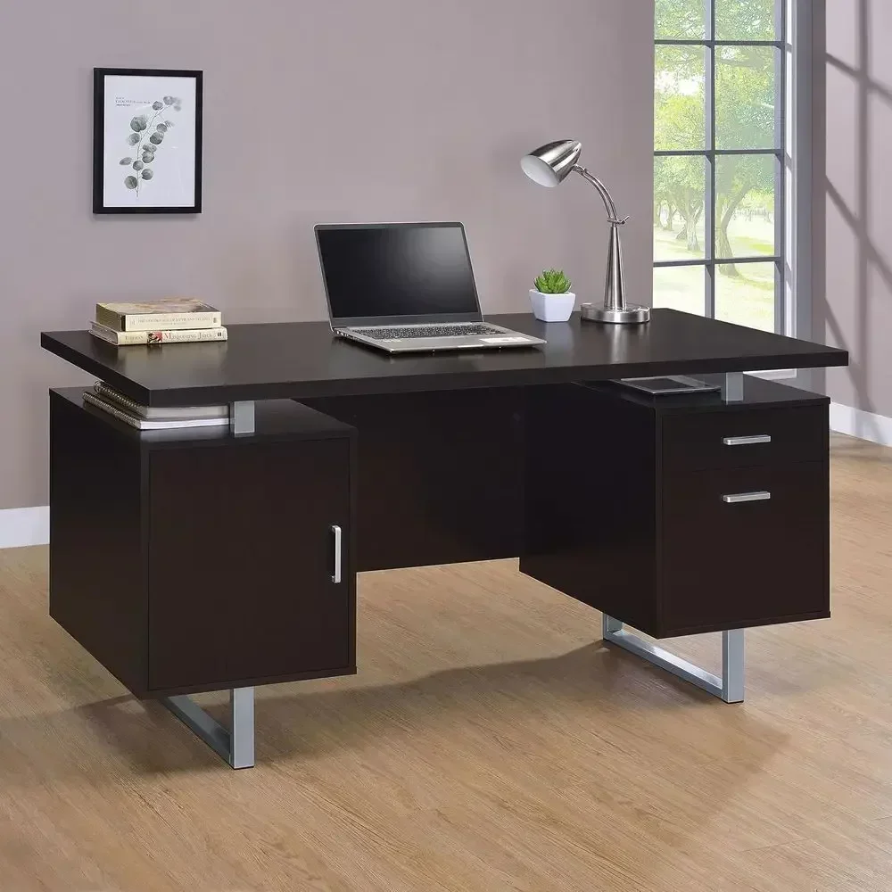 60-Inch Engineered Wood Computer Desk with File Cabinet and Stand, Metal Legs, Contemporary Style, Espresso Finish