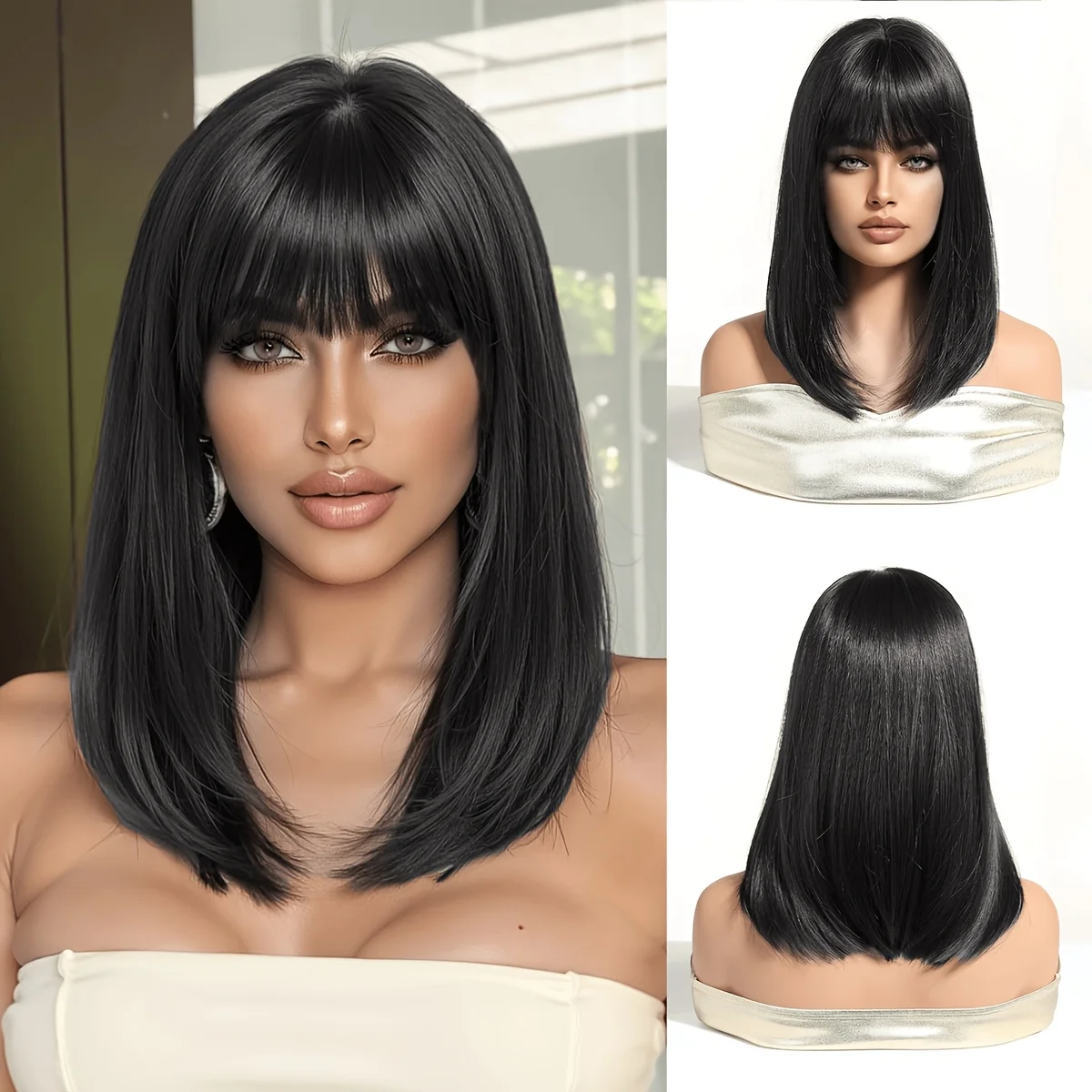 Natural and realistic black Bobo head wig 14 inch layered straight hair with bangs, high temperature resistant synthetic hair