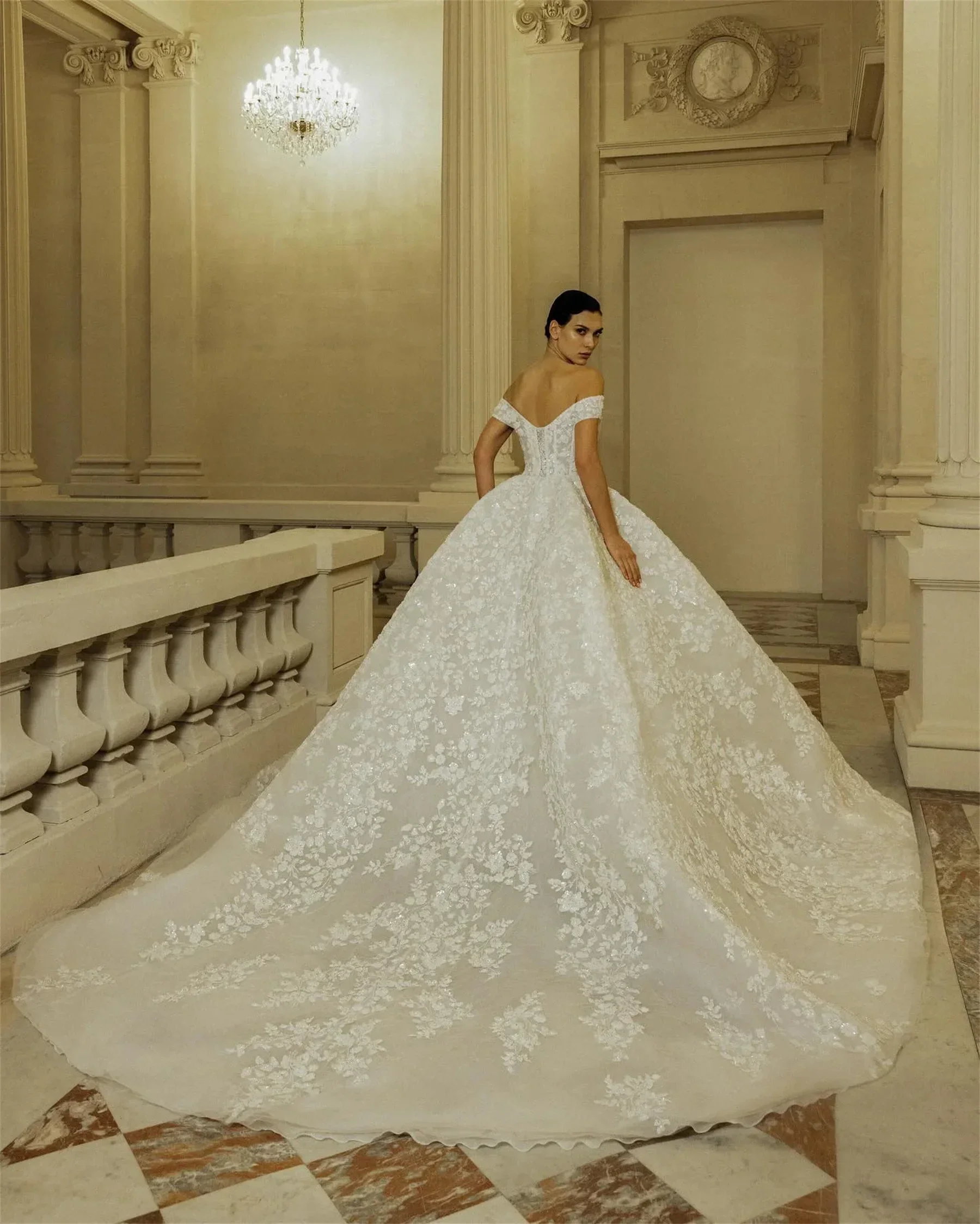 Customized 3D Floral Lace Sequined Beaded Wedding Dresses Off The Shoulder Ball Gown Wedding Bridal Gowns Vestido De Novia