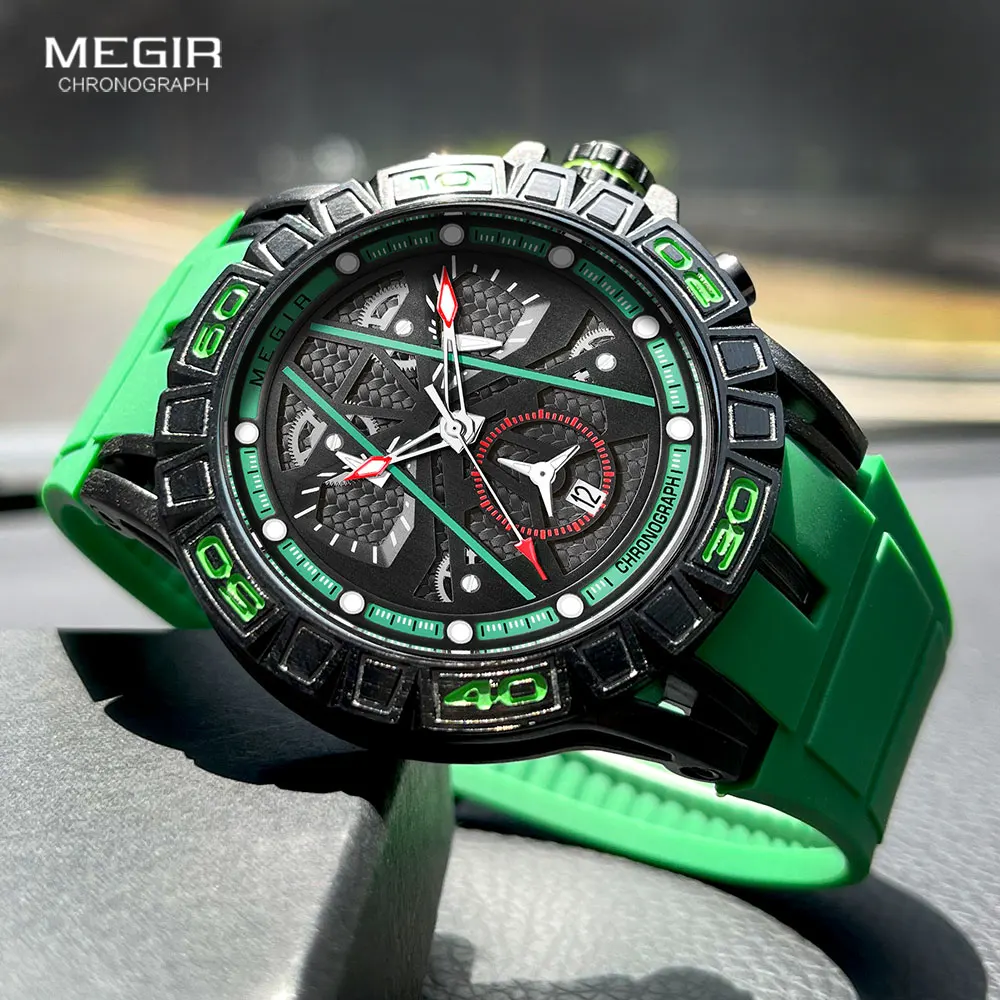 MEGIR Analog Quartz Watch for Men Fashion Silicone Strap Chronograph Waterproof Wristwatch with Auto Date Luminous Hands Green