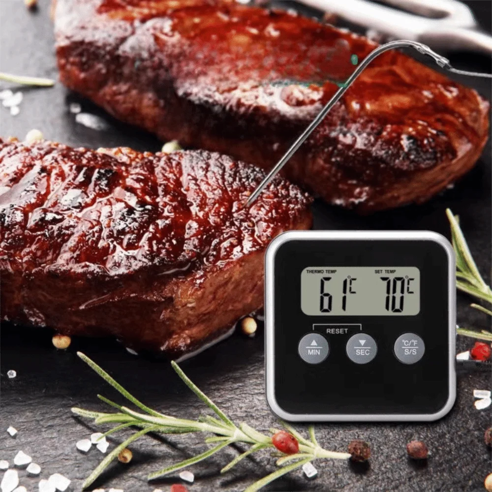 Long Probe Digital Food Thermometer Timed with Alarm BBQ Meat Thermometer Waterproof Battery-powered Grill Temperature Tester
