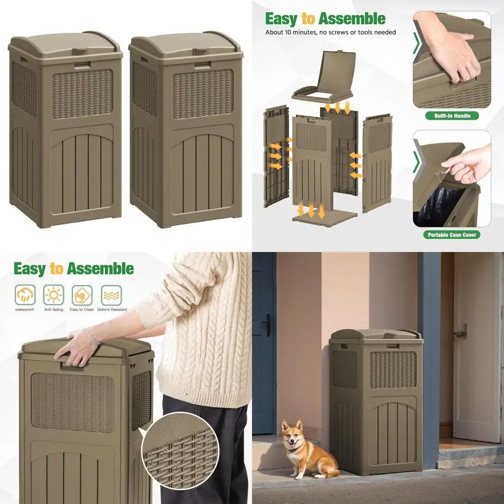 

Set of 2 Brown Resin Outdoor Trash Cans, 30 Gallon Capacity, Waterproof for Patio Use