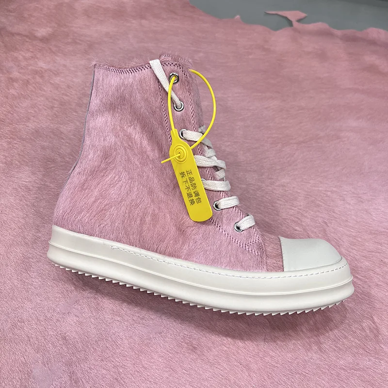 Dekherw High Top Shoes Women Leather Pink Horse Fur Ro 23ss New Thick Sole Increased Street Casual Sneakers Flat Ankle Boots Men