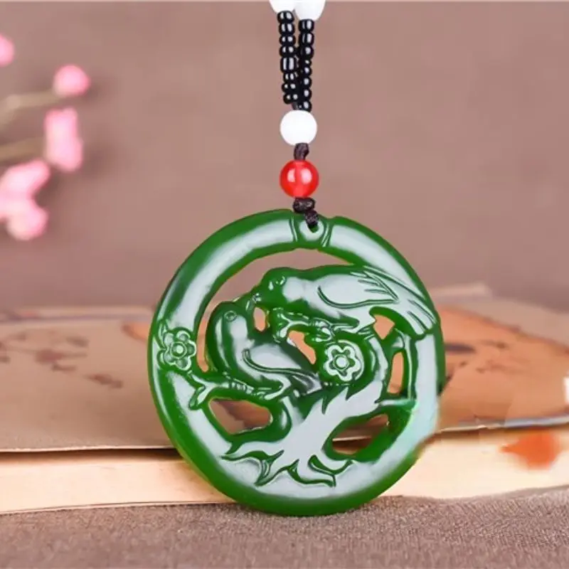 Imitation Hetian Jade Double-Sided Hollow Jade Pendant Spinach Green Green Magpie Jade Necklace Pendant