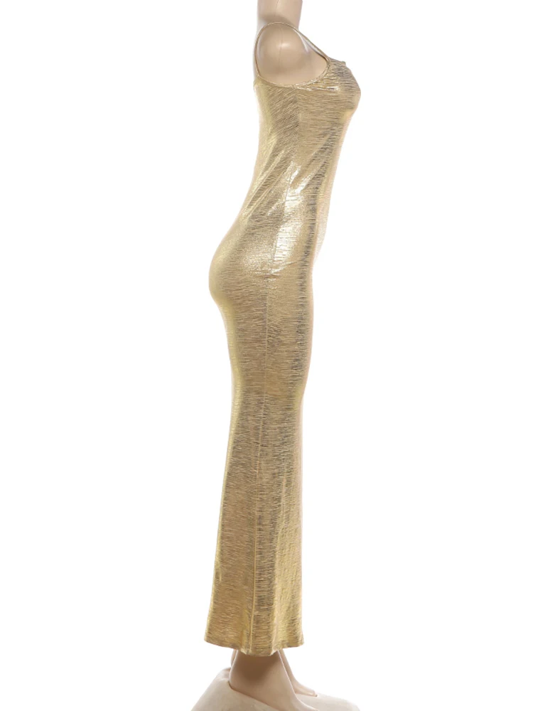 Kliou Sexy Goldenes Trägerkleid für Damen, tief ausgeschnitten, rückenfrei, ärmellos, hohe Taille, elegantes, figurbetontes langes Abendkleid für Mitternachts-Clubpartys – Detail 4