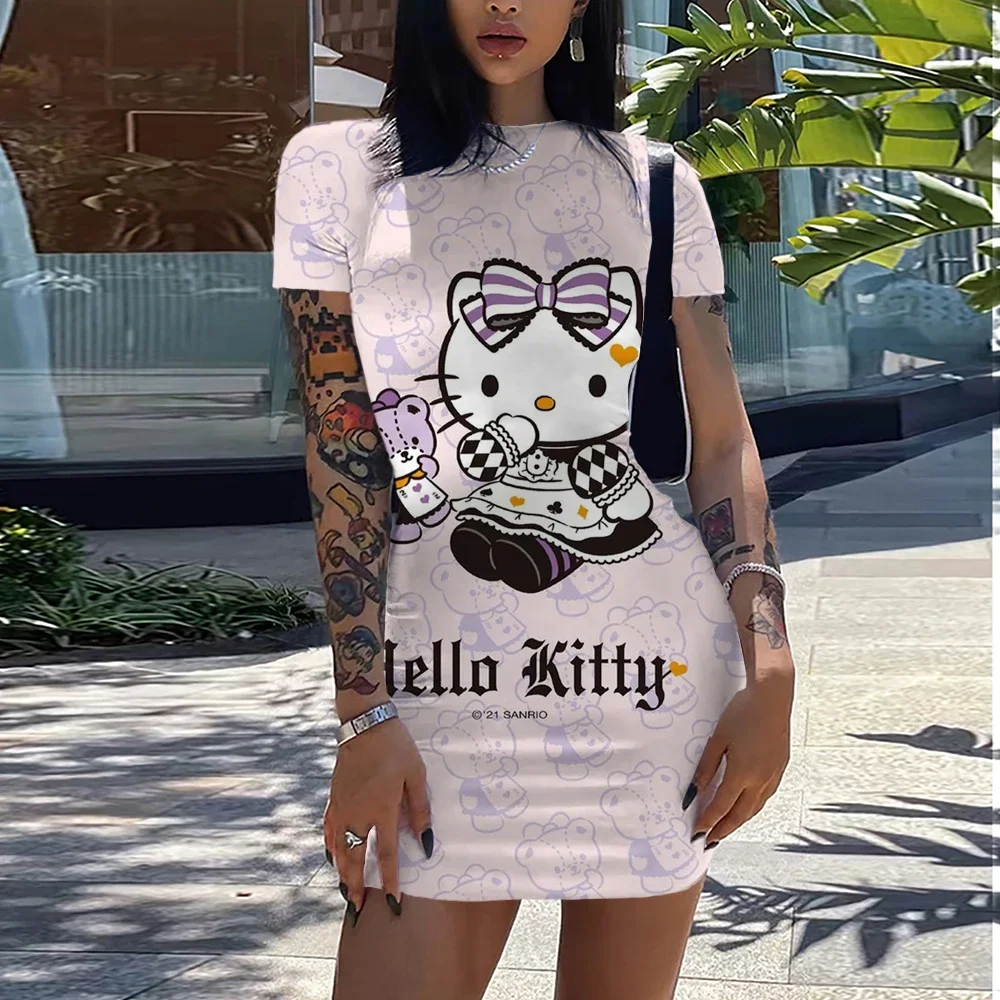 Summer cartoon Disney Hello Kitty print pattern women's sexy hip hugging skirt beach vacation dress slim fit hip hugging skirt