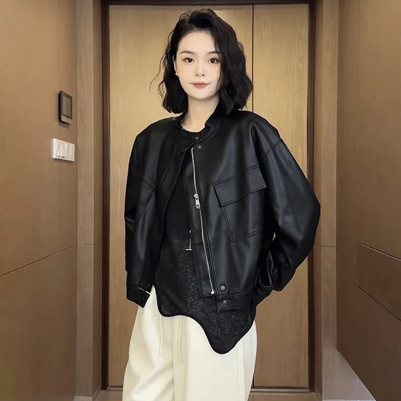 Spring Autumn New Motorcycle Wear Women Vintage Stand Collar Zip Up Jacket American Street Loose Faux Leather Coat Mujer