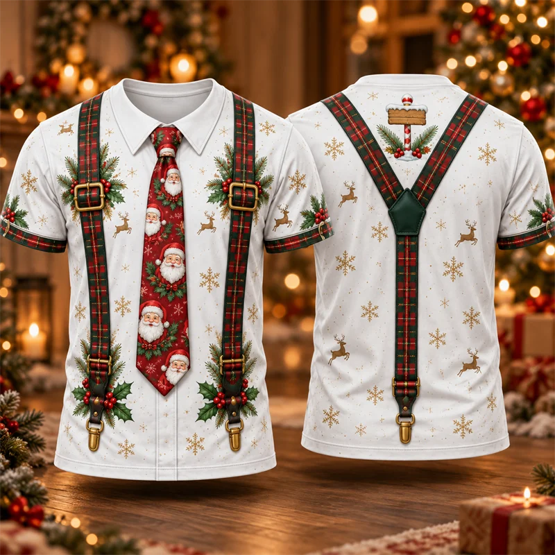 Christmas Bow Tie Suspenders Print T Shirt for Men Short Sleeve Crew Neck Faux Dress Shirt Holiday Party Tee with Holly Detail
