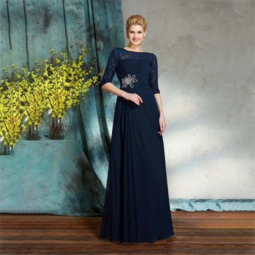 

Laxsesu Gorgeous Mother Of The Bride Dresses Navy Blue Lace Applique Half Sleeves Evening Gown 2022 Beaded Wedding Guest Gowns