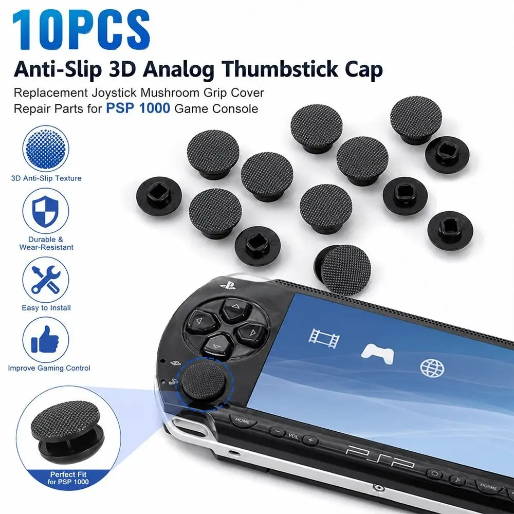 10 Stück Kunststoff-Joystick-Kappen mit strukturierter Oberfläche, schwarze Daumenstick-Kappen, Ersatz-Pilzkappenform für PSP 1000 Spielekonsole