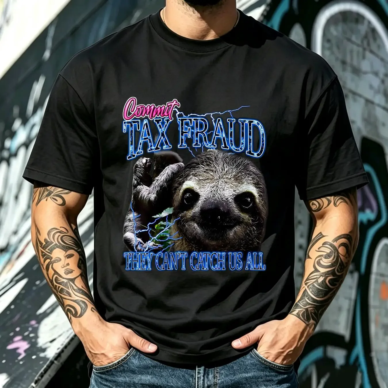 washed T Shirt Commit Tax Fraud Retro Bootleg Rap Sloth Streetwear long or short sleeves vintage Washed Top For Everyday Wear