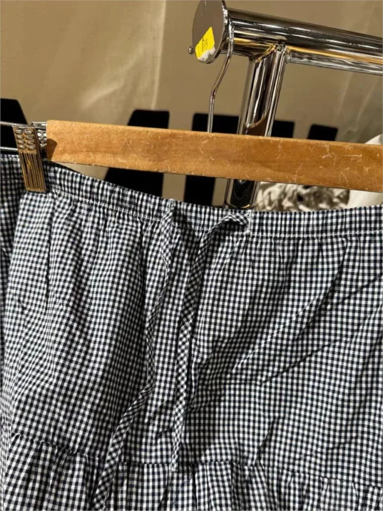 Plaid Ruffles Loose Maxi Skirts Women New Casual Elastic High Waist A-line Falda Fairycore Preppy Style Vintage Long Skirt Y2K