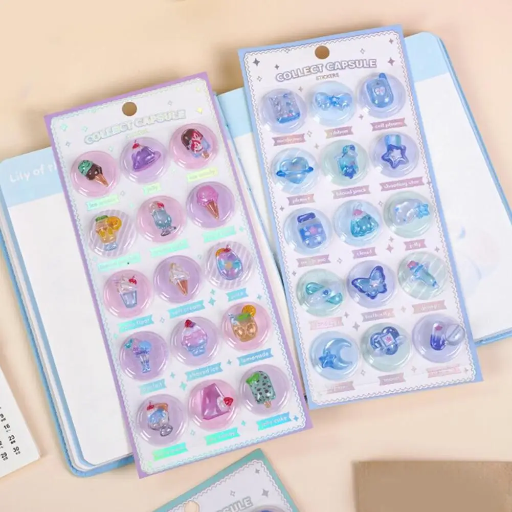 3D Capsule Crystal Embossed Relief Stickers 1/6PCS Kawaii Glue Stickers, Perfect for DIY Journal Handmade Puzzle Children’s Gift
